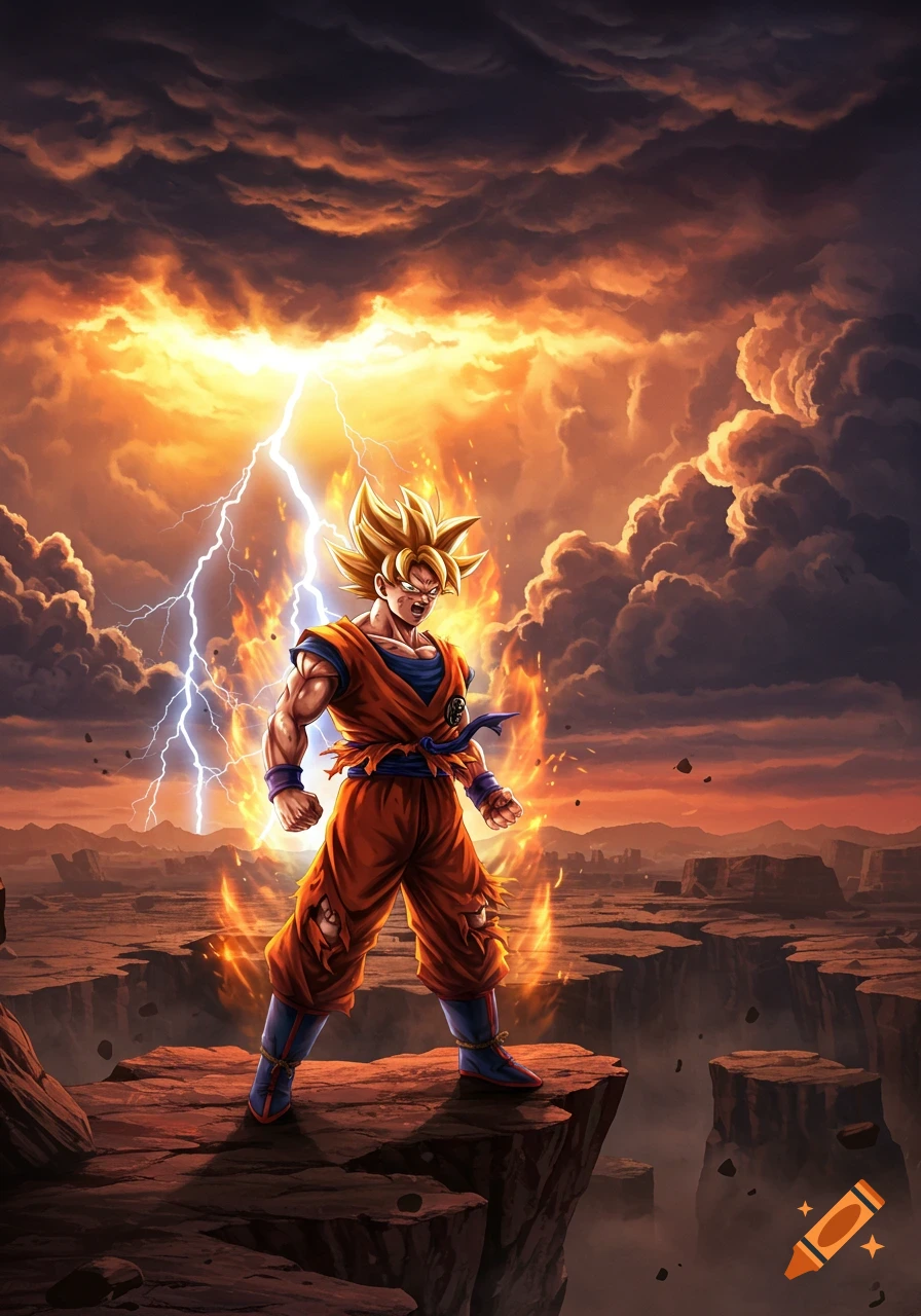 Super Saiyan Goku stands powerfully on a cliff amidst fire, lightning, and a dramatic orange stormy sky, in an anime illustration style.