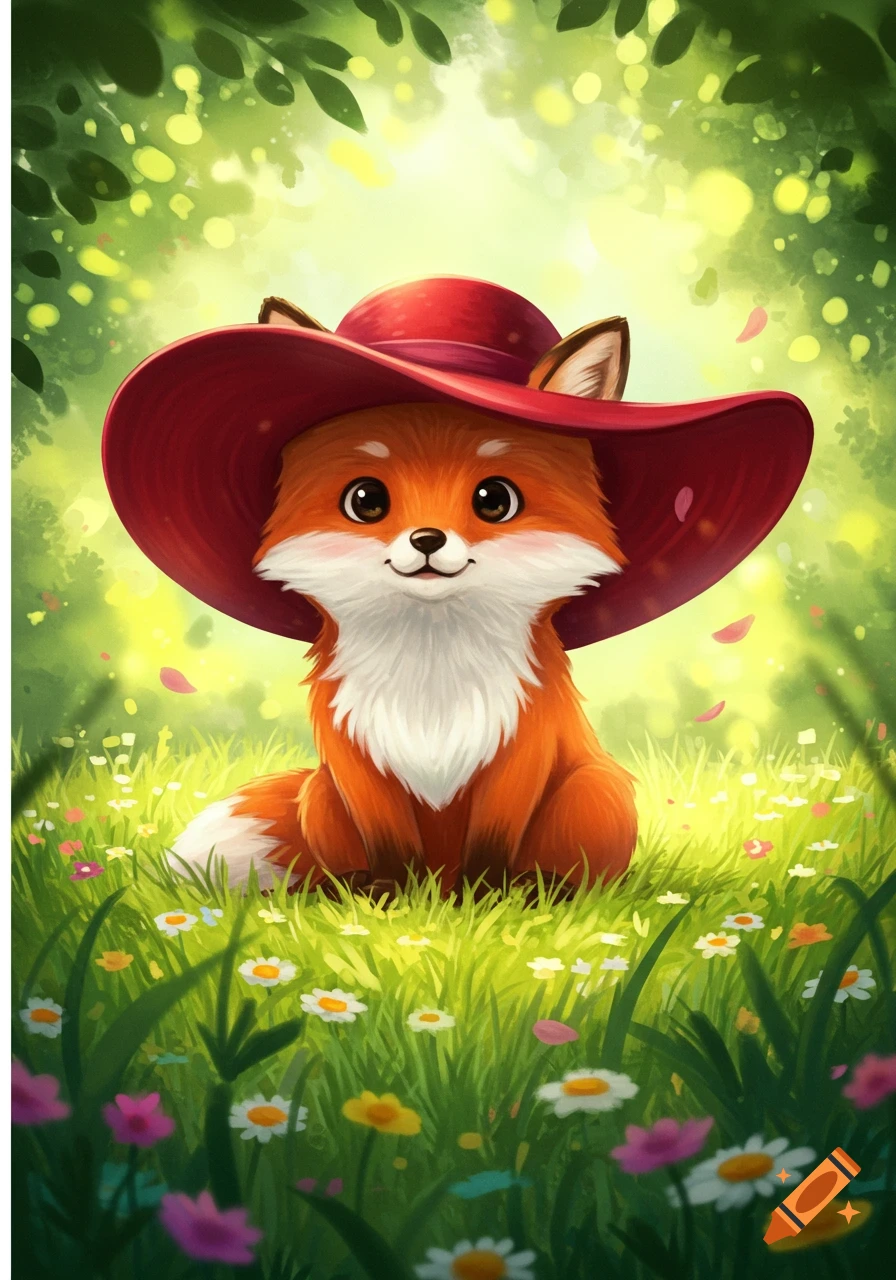 Cute cartoon fox wearing a red hat, sitting in a meadow with wildflowers under a sunny forest canopy.
