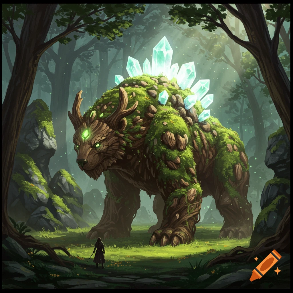 A gigantic moss and tree-covered creature with glowing turquoise crystals on its back stands in a mystical forest, observed by a small hooded figure.