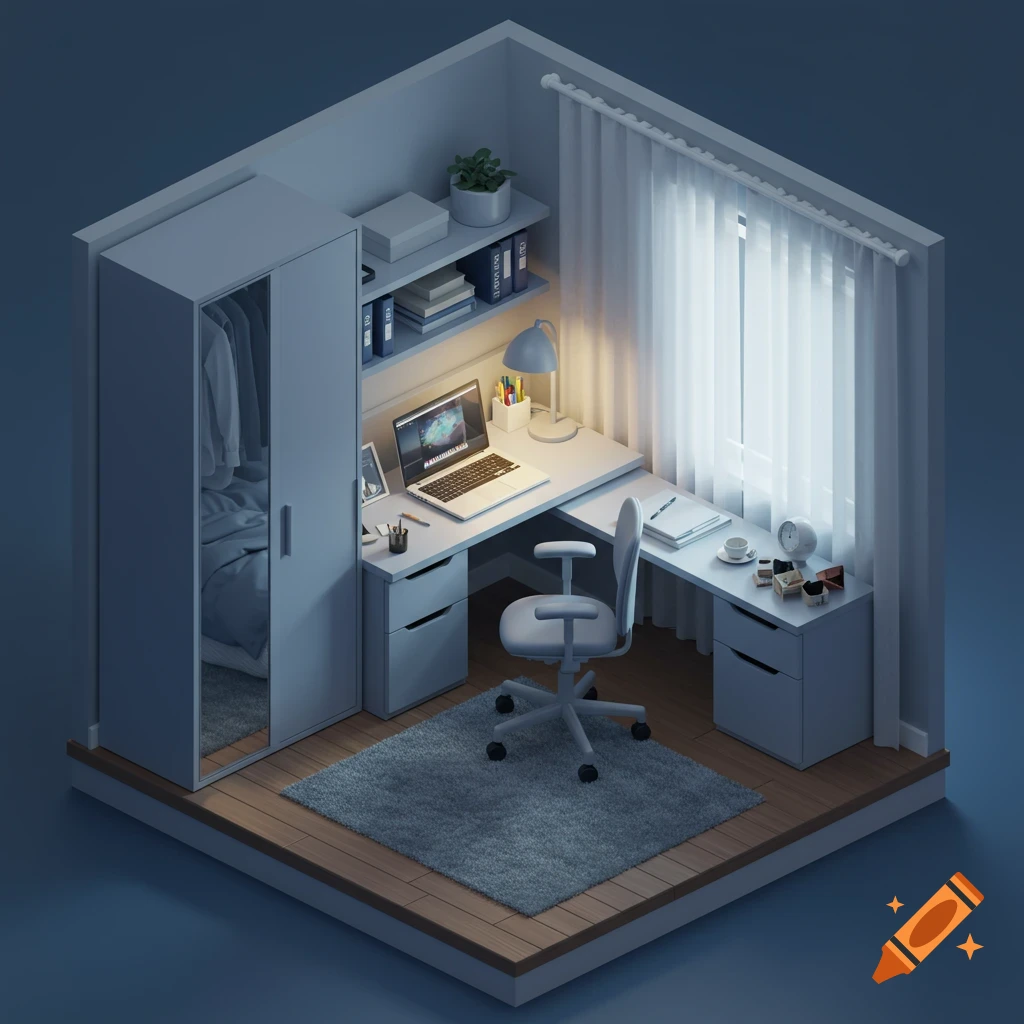 Isometric view of a clean bedroom with a minimalist desk, chair, closet, and a brightly lit window at night.