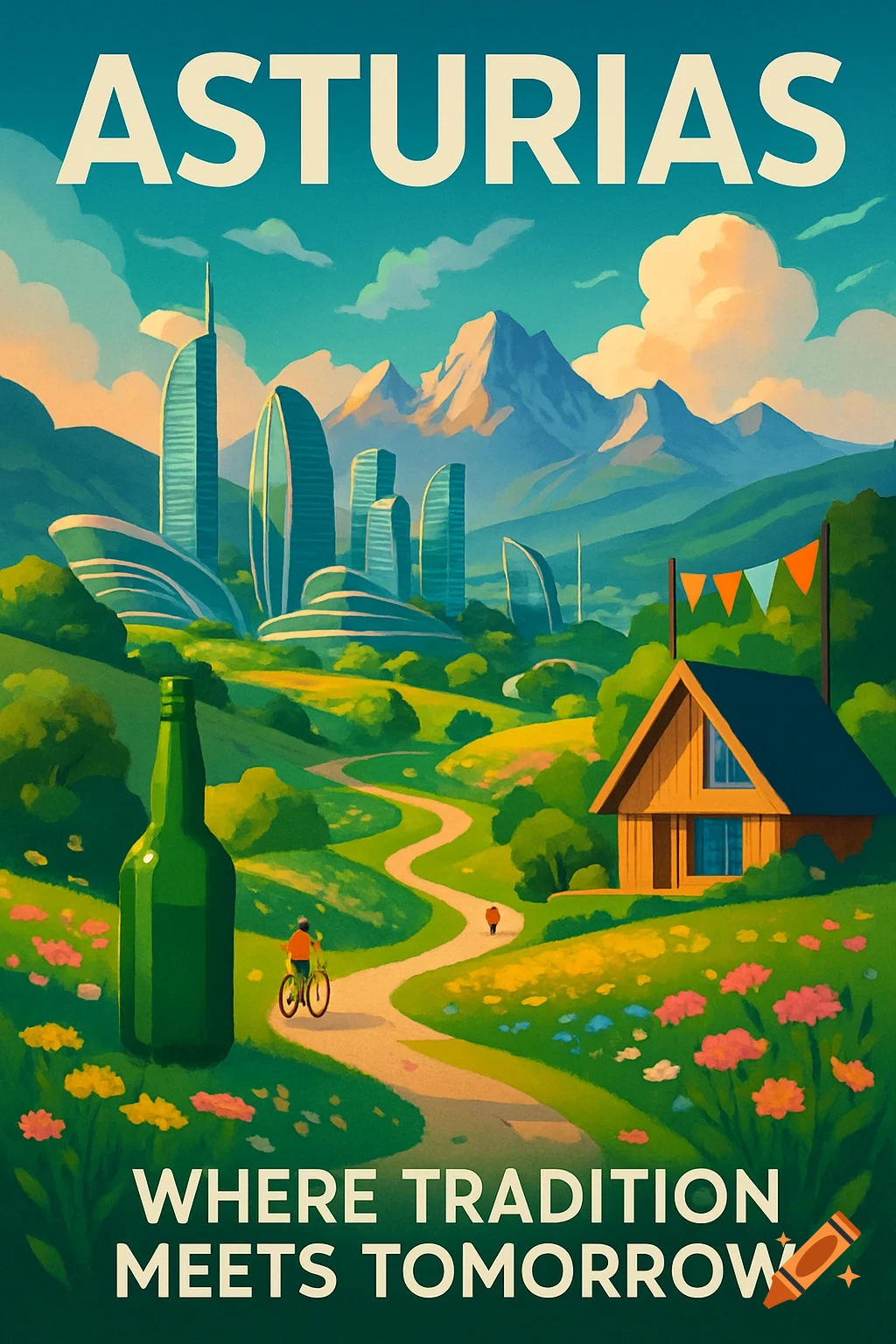 A vibrant, stylized travel poster for Asturias, featuring modern skyscrapers in green hills and mountains, a path with a cyclist, a cabin, a green bottle, and flowering meadows. Text reads "ASTURIAS WHERE TRADITION MEETS TOMORROW".