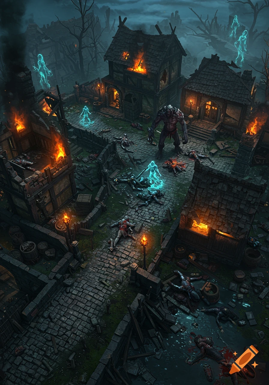 A monstrous creature in a ruined, burning dark fantasy village with corpses and glowing ghosts, in an isometric 3D game art style.