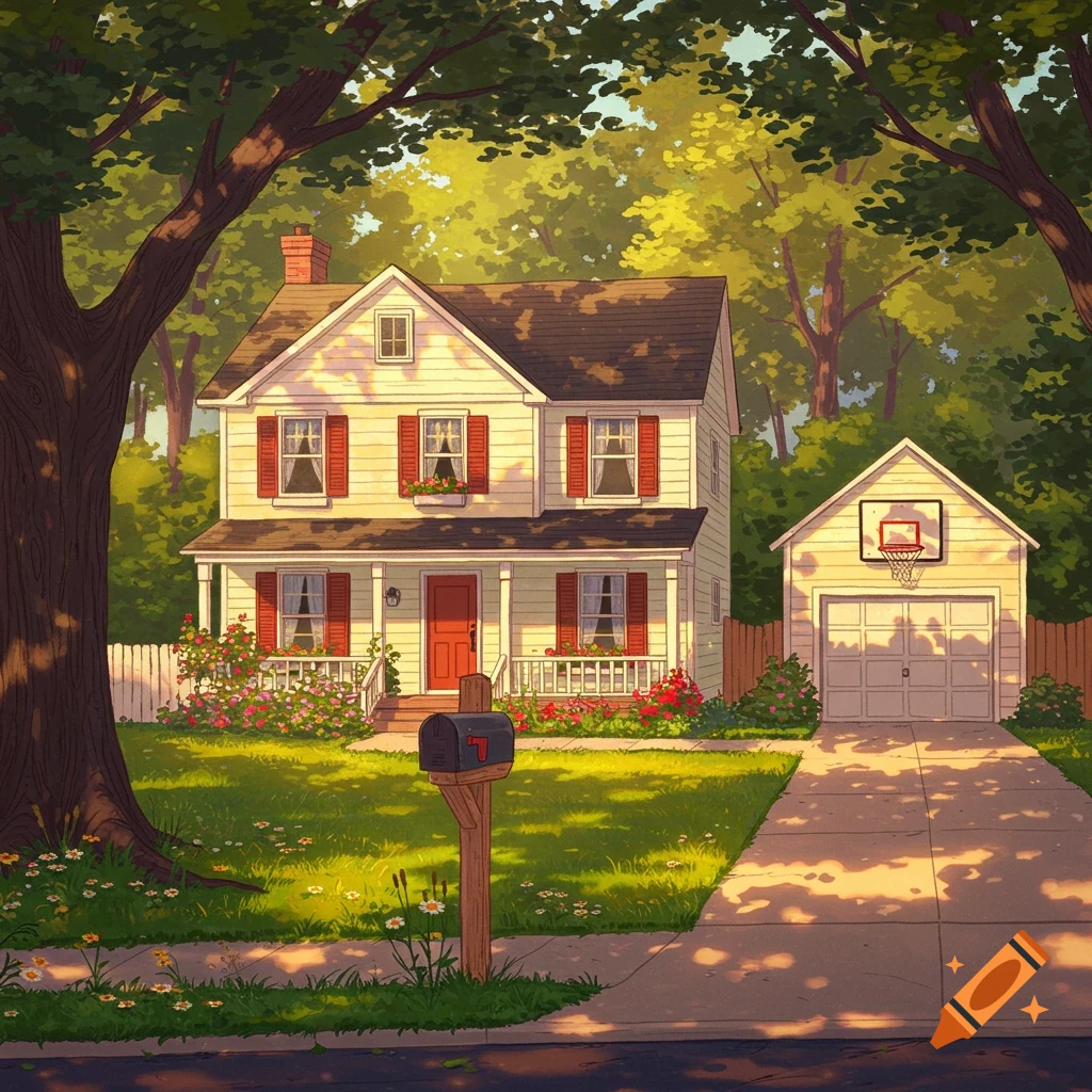 Stylized illustration of a cozy suburban house with a red door, red shutters, a lush green lawn, trees, a mailbox, and a garage with a basketball hoop.