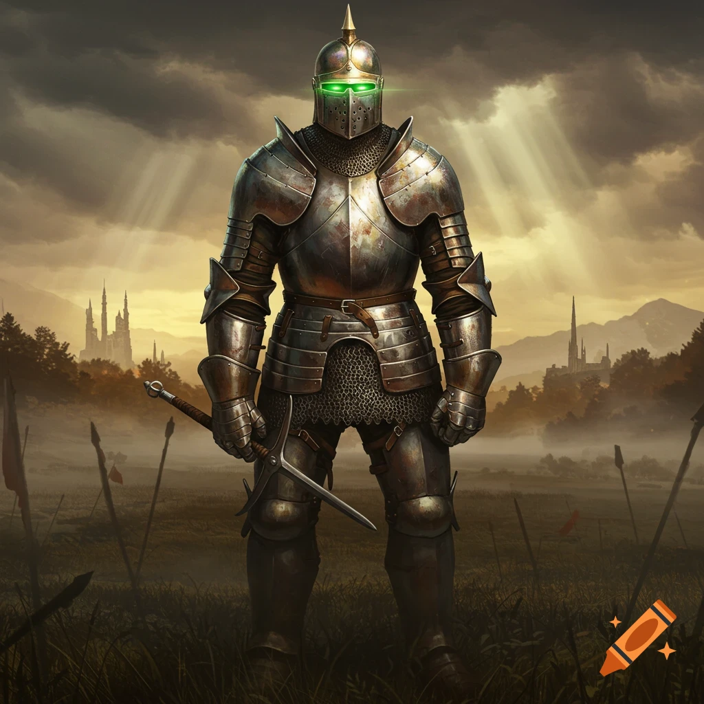 A knight in weathered armor with glowing green eyes stands on a misty battlefield holding a sword, castles in the background.