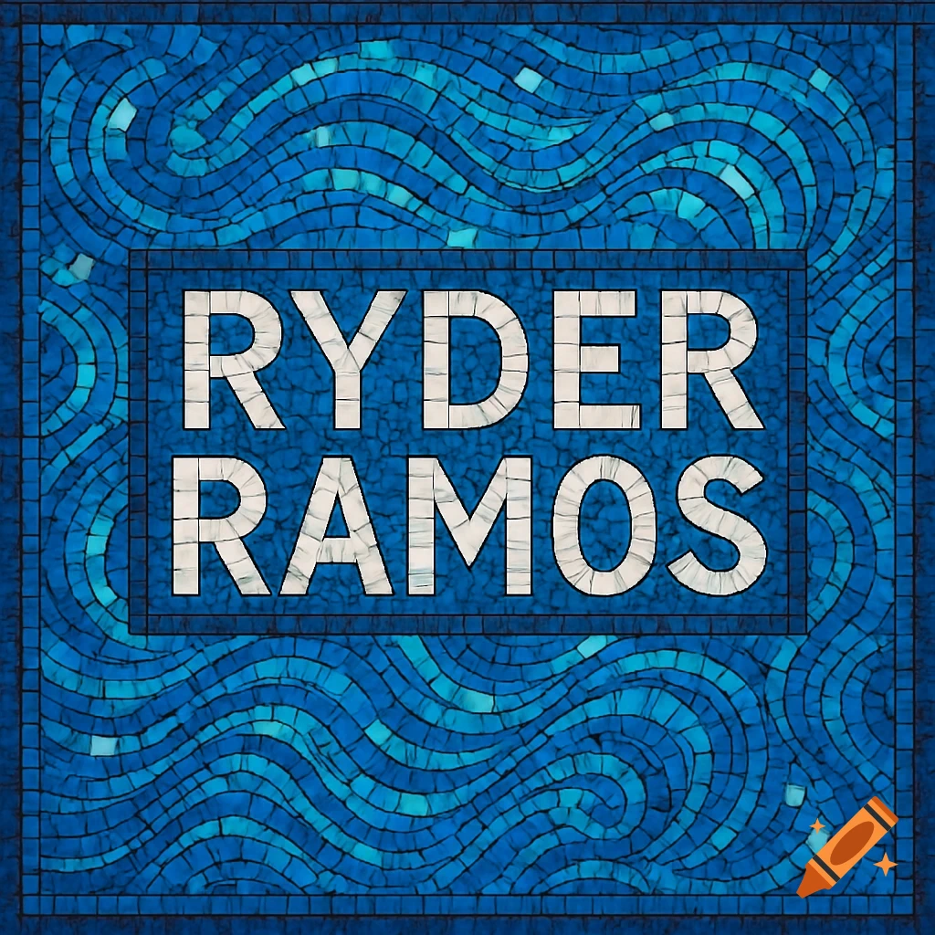 White mosaic text 'RYDER RAMOS' on a wavy blue mosaic background with a dark blue mosaic border.
