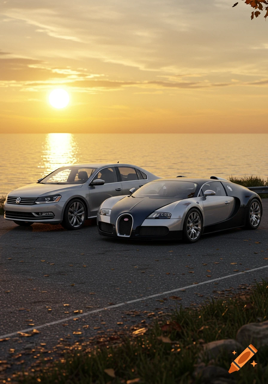 A silver VW Passat and a two-tone Bugatti Veyron parked by a lake at sunset, with golden light reflecting on the water.
