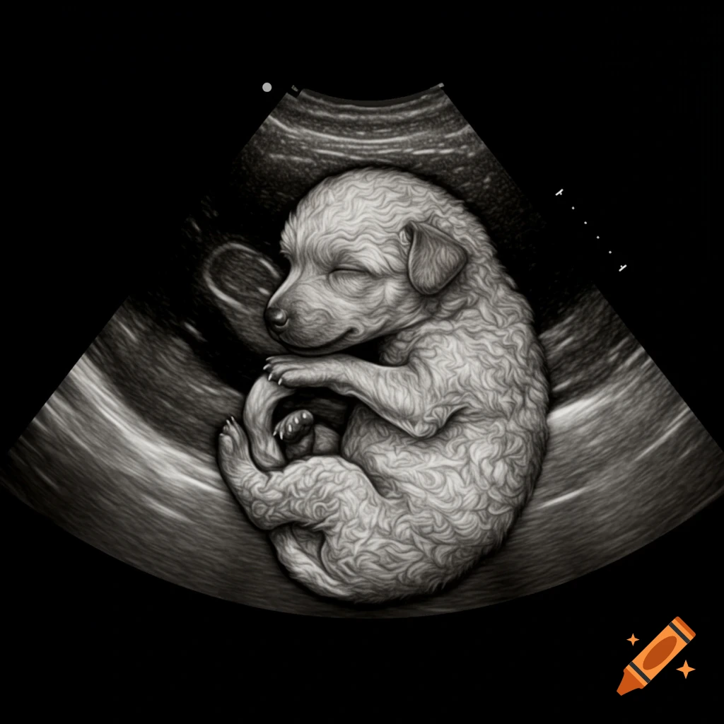 Grayscale ultrasound scan of a sleeping, curled-up poodle fetus with curly fur in the womb.