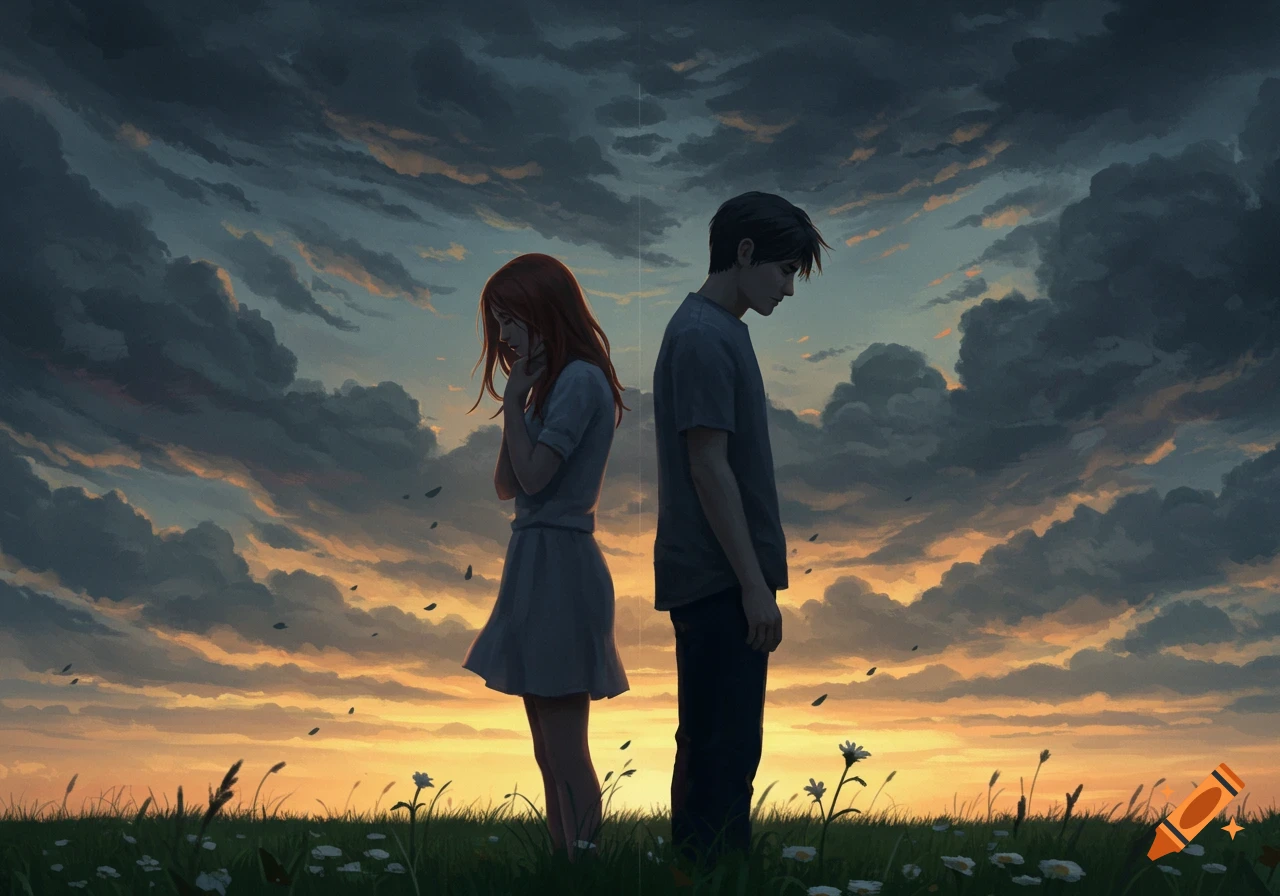 Anime-style digital painting of a man and woman standing back-to-back in a  field at sunset under dramatic clouds, looking sad. on Craiyon, image size:1280x896