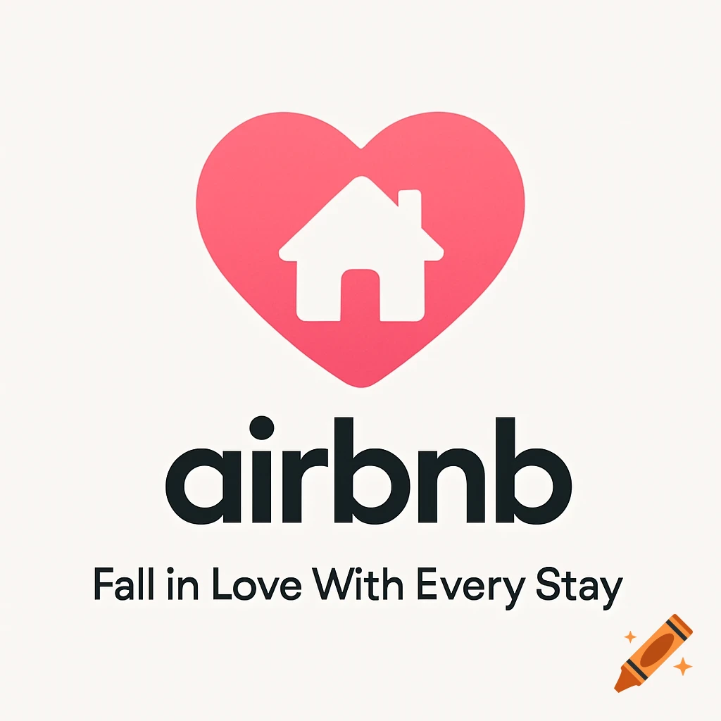Airbnb logo featuring a white house icon in a pink heart, with 'airbnb' in black text and the tagline 'Fall in Love With Every Stay'.