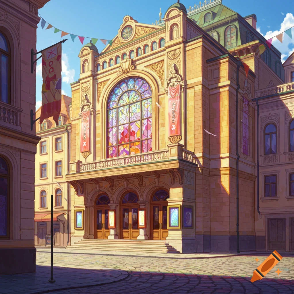 Anime-style illustration of a grand theater building with a large stained glass window and banners, set on a cobblestone street during daytime.