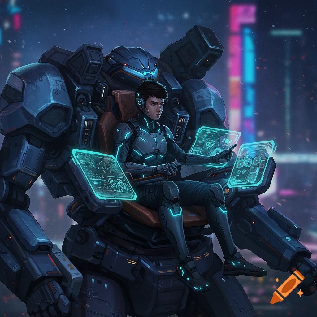 A male mech pilot in a glowing suit operates a large robot with holographic screens in a sci-fi cityscape, digital art style.