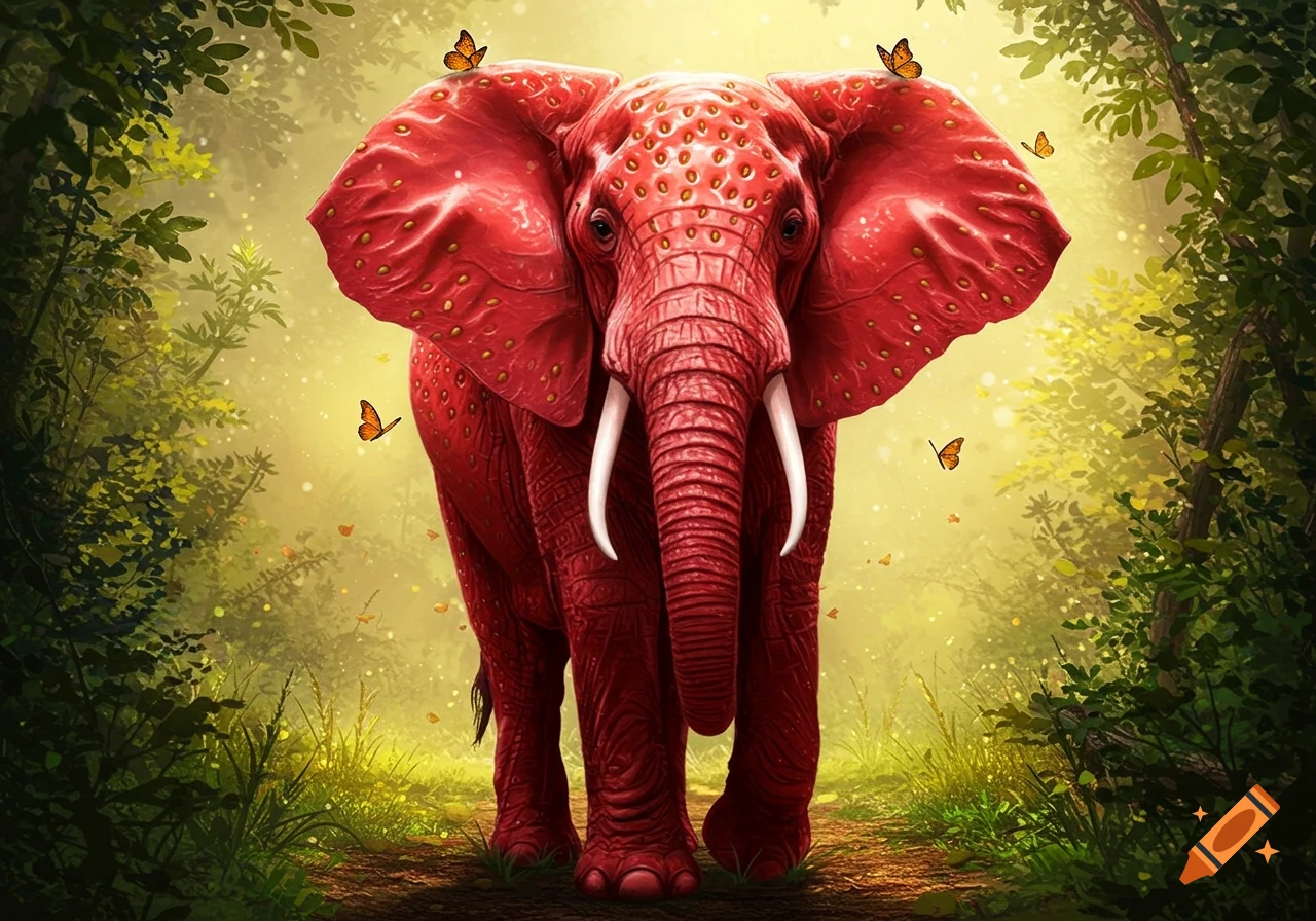 A vibrant red elephant with skin textured like a strawberry and white tusks stands in a lush, illuminated jungle path with butterflies.