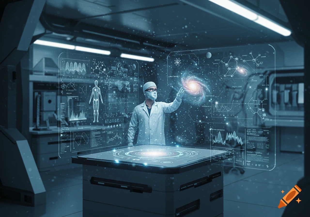 A scientist in a lab coat and mask interacts with holographic screens displaying human anatomy, molecular structures, and a galaxy.
