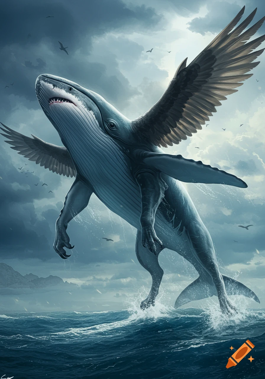 A majestic blue whale with eagle wings, human-like limbs, and shark teeth rises from stormy ocean waters towards a cloudy sky, with birds flying around.