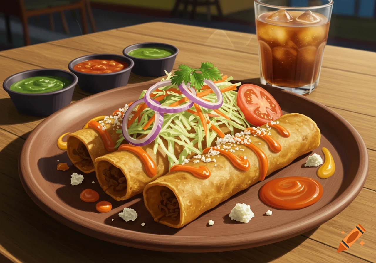 A plate of Nicaraguan flautas topped with shredded cabbage, red onion, tomato, cheese, and red sauce, with side sauces and iced beverage on a wooden table.
