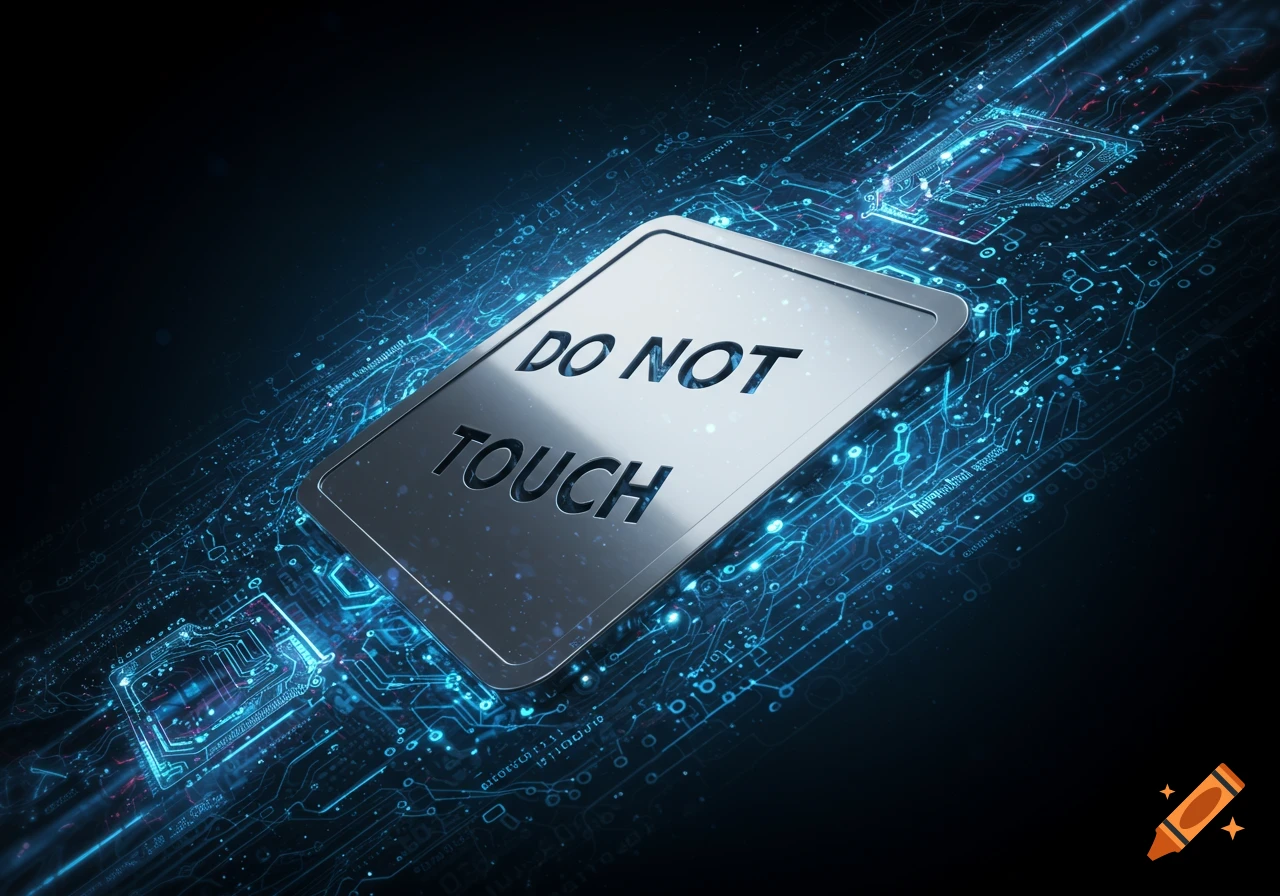 A metallic sign reading 'DO NOT TOUCH' on a glowing blue futuristic circuit board.