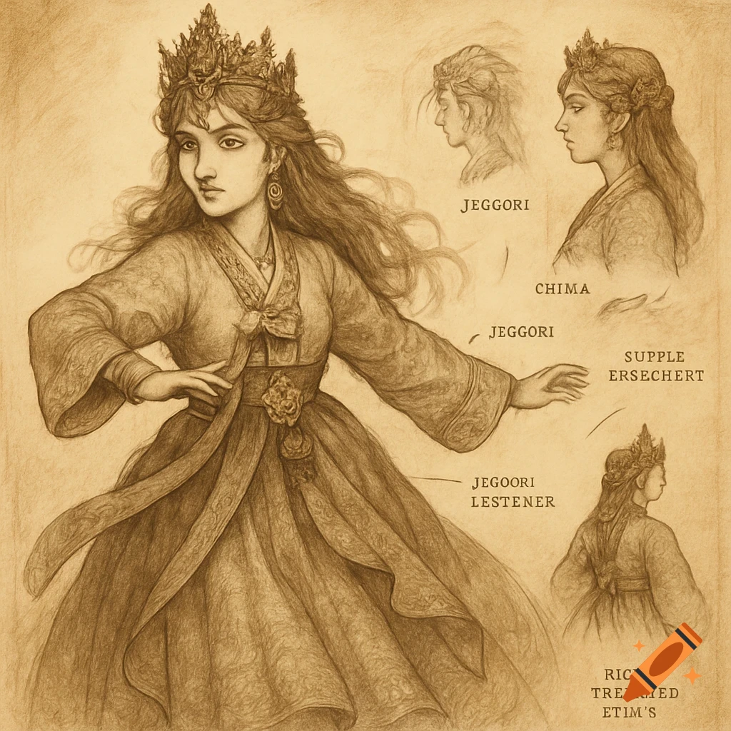 Sepia fantasy sketch of a queen in a Korean Hanbok with a crown, surrounded by smaller profile drawings and notes.