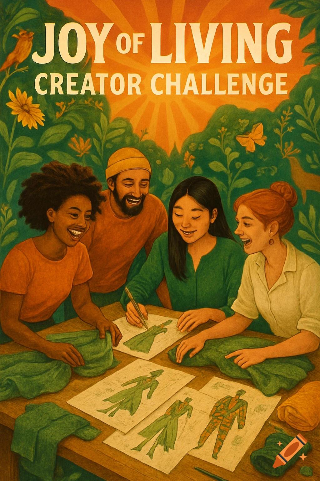Four smiling people design eco-friendly clothing under a 'JOY of LIVING CREATOR CHALLENGE' banner, with nature elements and a sunrise.