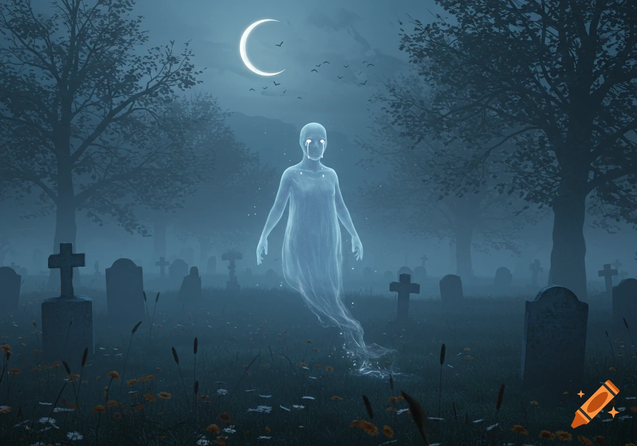 An ethereal, glowing ghost figure with streaks like tears floats in a misty graveyard under a bright crescent moon, surrounded by silhouetted trees and tombstones.