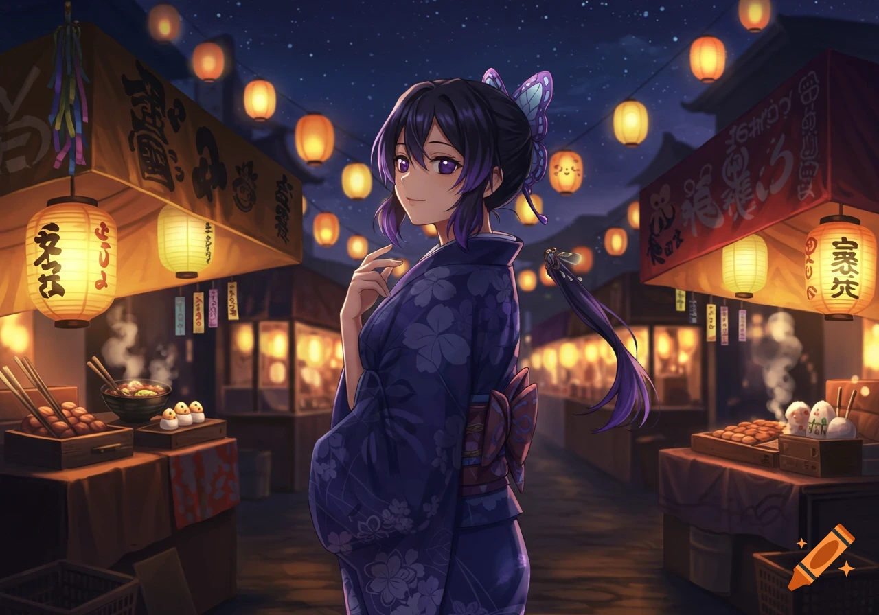 An anime girl in a dark blue floral yukata with a butterfly hairpin smiles at a lively night festival illuminated by orange lanterns and food stalls.
