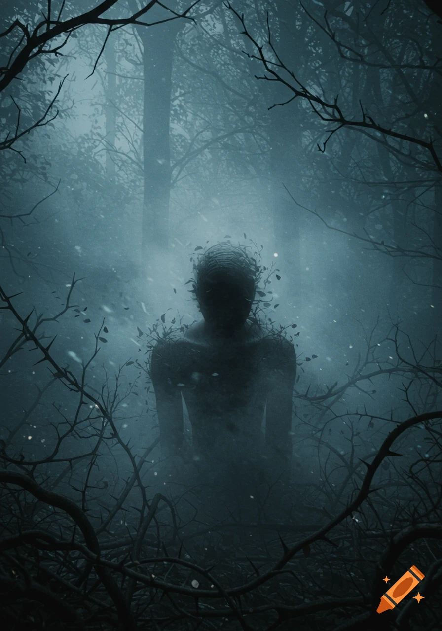 A shadowy, faceless figure stands in a dark, misty forest, entangled in thorny branches, creating an eerie and atmospheric scene.