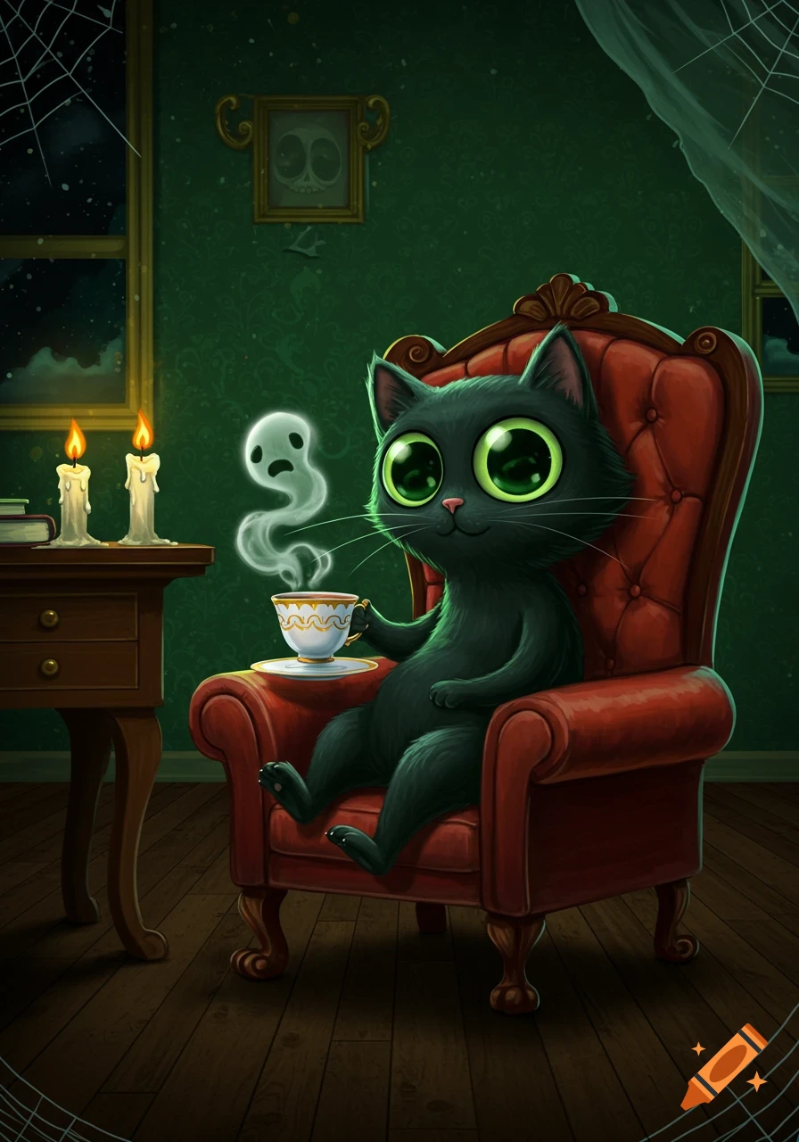 A big-eyed black cartoon cat sips tea in a red armchair with a ghost-shaped steam in a spooky room with candles and spiderwebs.