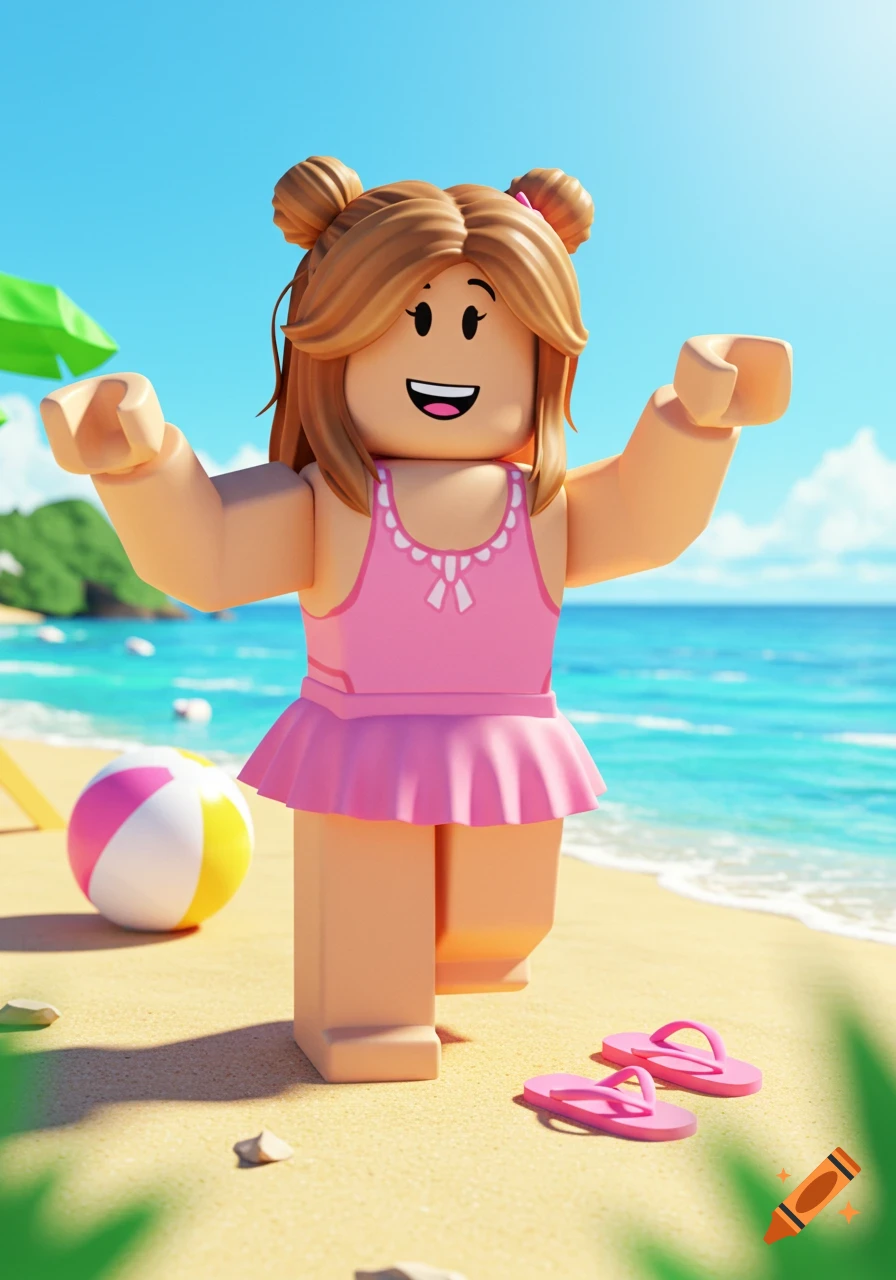 A cute Roblox girl in a pink skirted swimsuit stands on a sandy beach with the ocean and blue sky in the background.