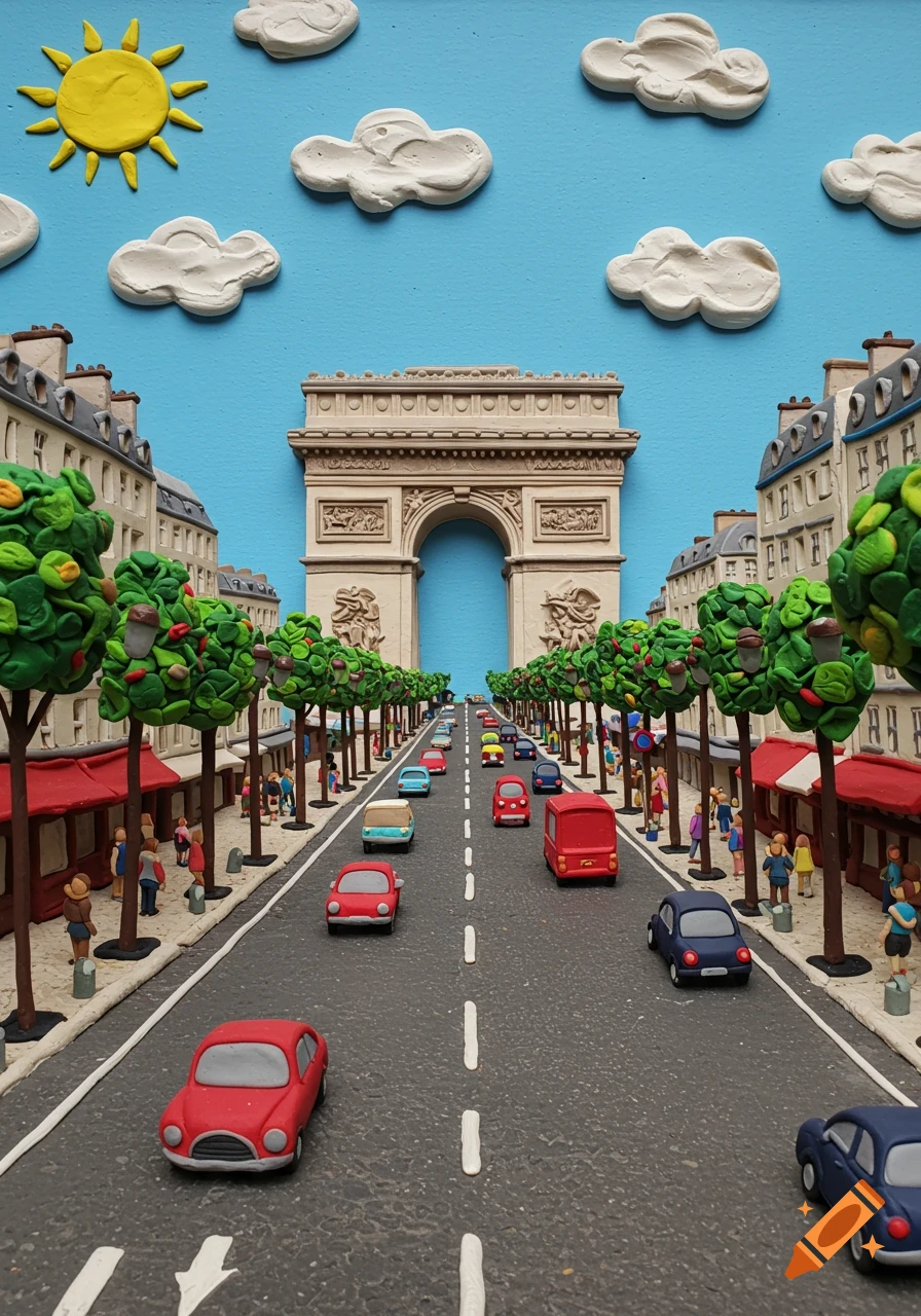 A vibrant claymation scene depicting the Arc de Triomphe at the end of a busy street with cars, people, trees, and buildings.
