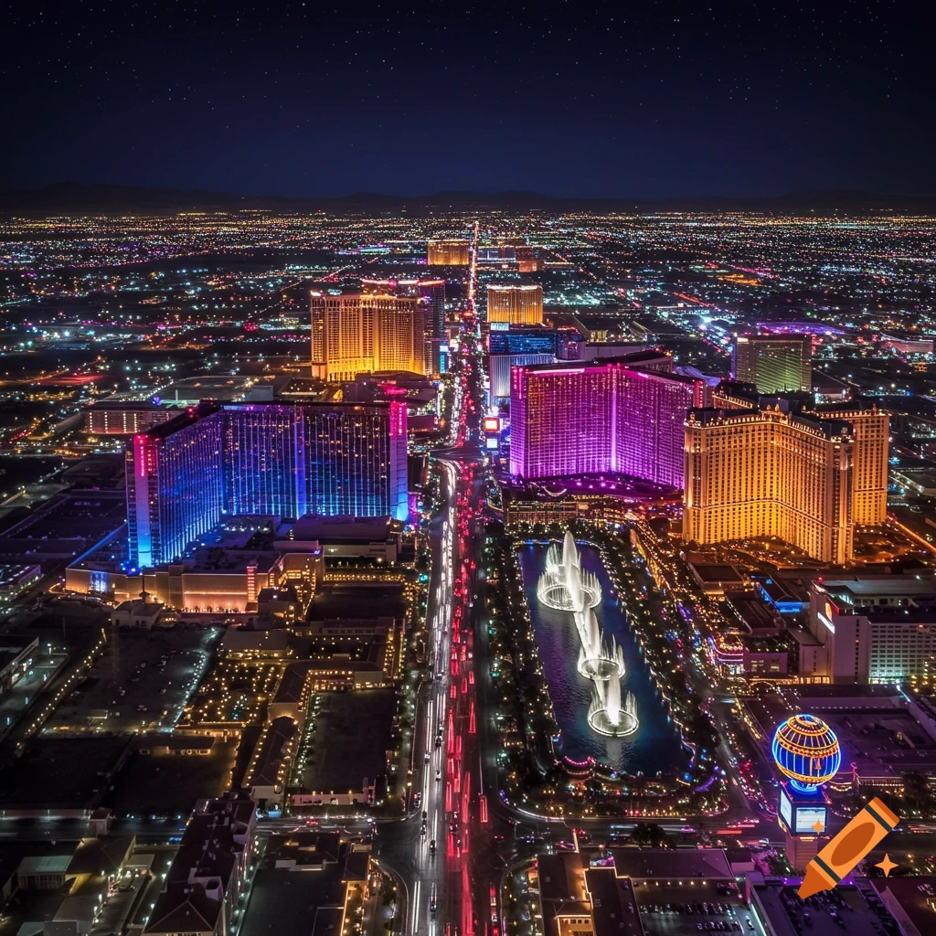 Aerial view of the Las Vegas Strip at night, featuring brightly lit hotels, car light trails on the street, and illuminated fountains.
