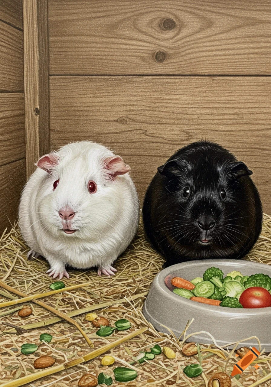 A white guinea pig with red eyes and a black guinea pig sit in a hay-filled wooden enclosure next to a bowl of vegetables, in a detailed pencil drawing style.