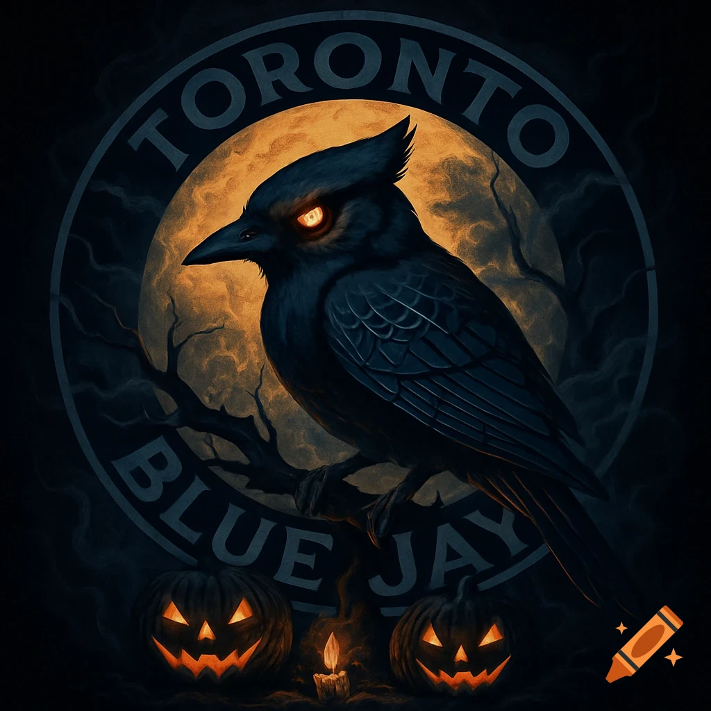 A dark Halloween illustration of a blue jay with glowing eyes and "TORONTO BLUE JAY" text, with a full moon and jack-o'-lanterns.