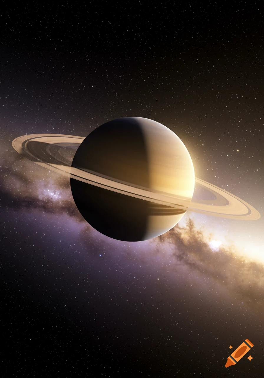 A photorealistic depiction of Saturn and its rings against a cosmic background of stars and a glowing nebula.