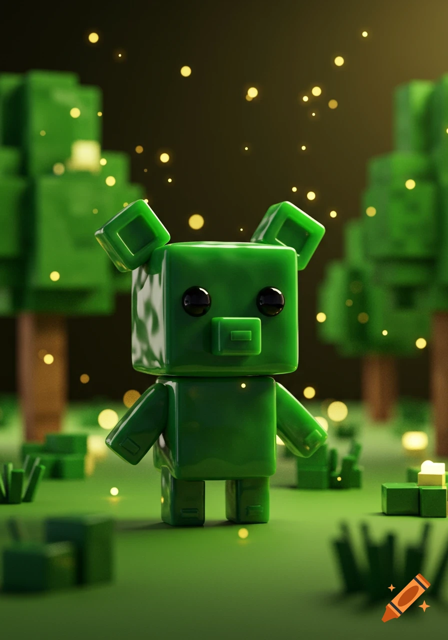 A cute, shiny green block-shaped character with large black eyes stands in a pixelated forest with glowing particles.