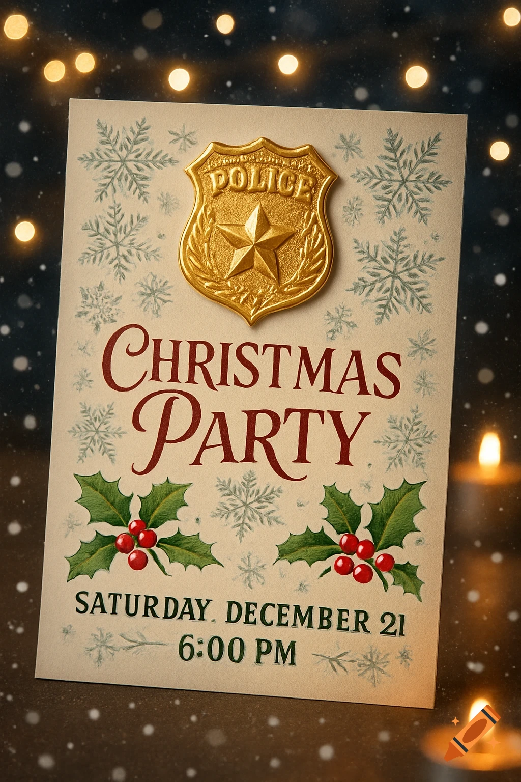 A police Christmas party invitation with a golden badge, holly, snowflakes, and legible text, on a dark snowy background with lights.
