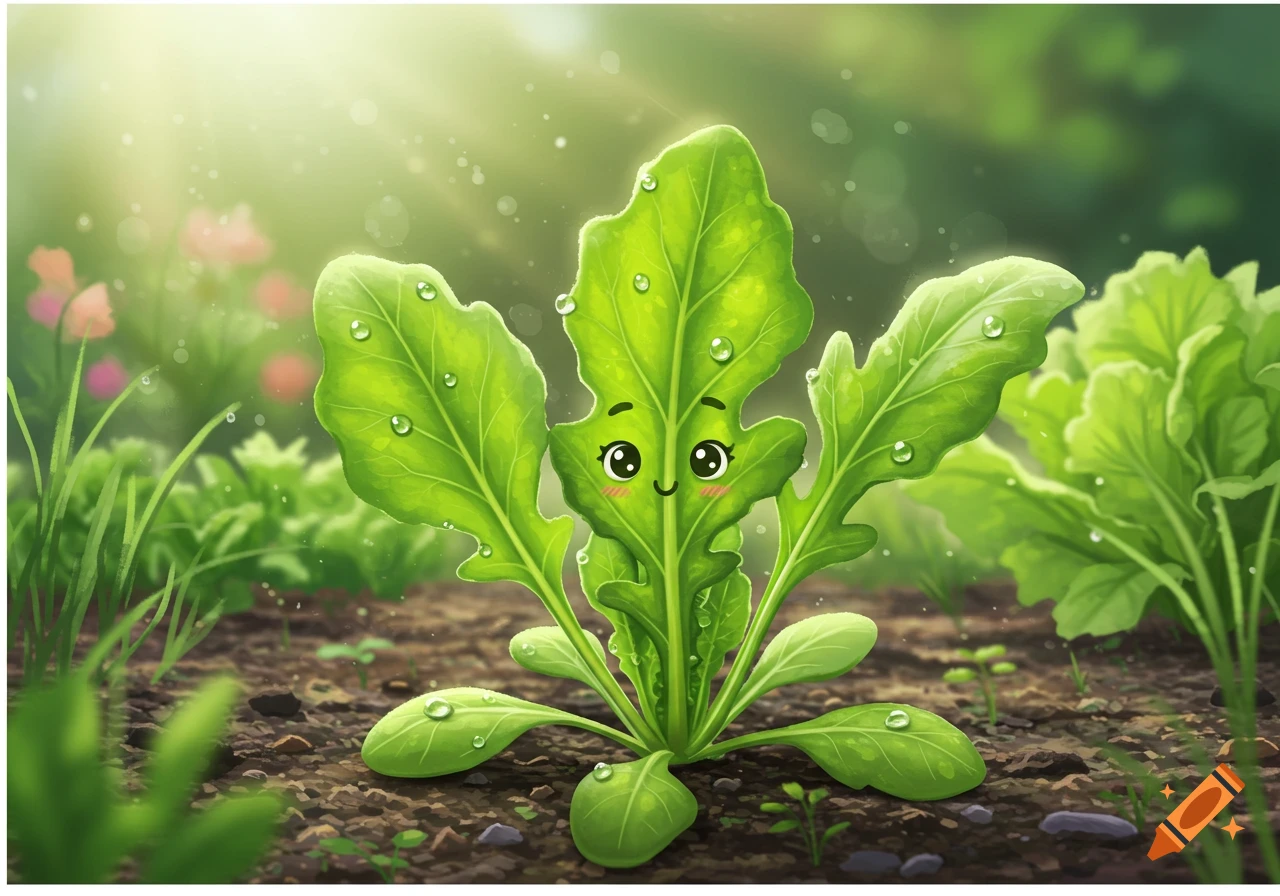 A cute, cartoon arugula plant with a smiling face and water droplets growing in a sunny garden.