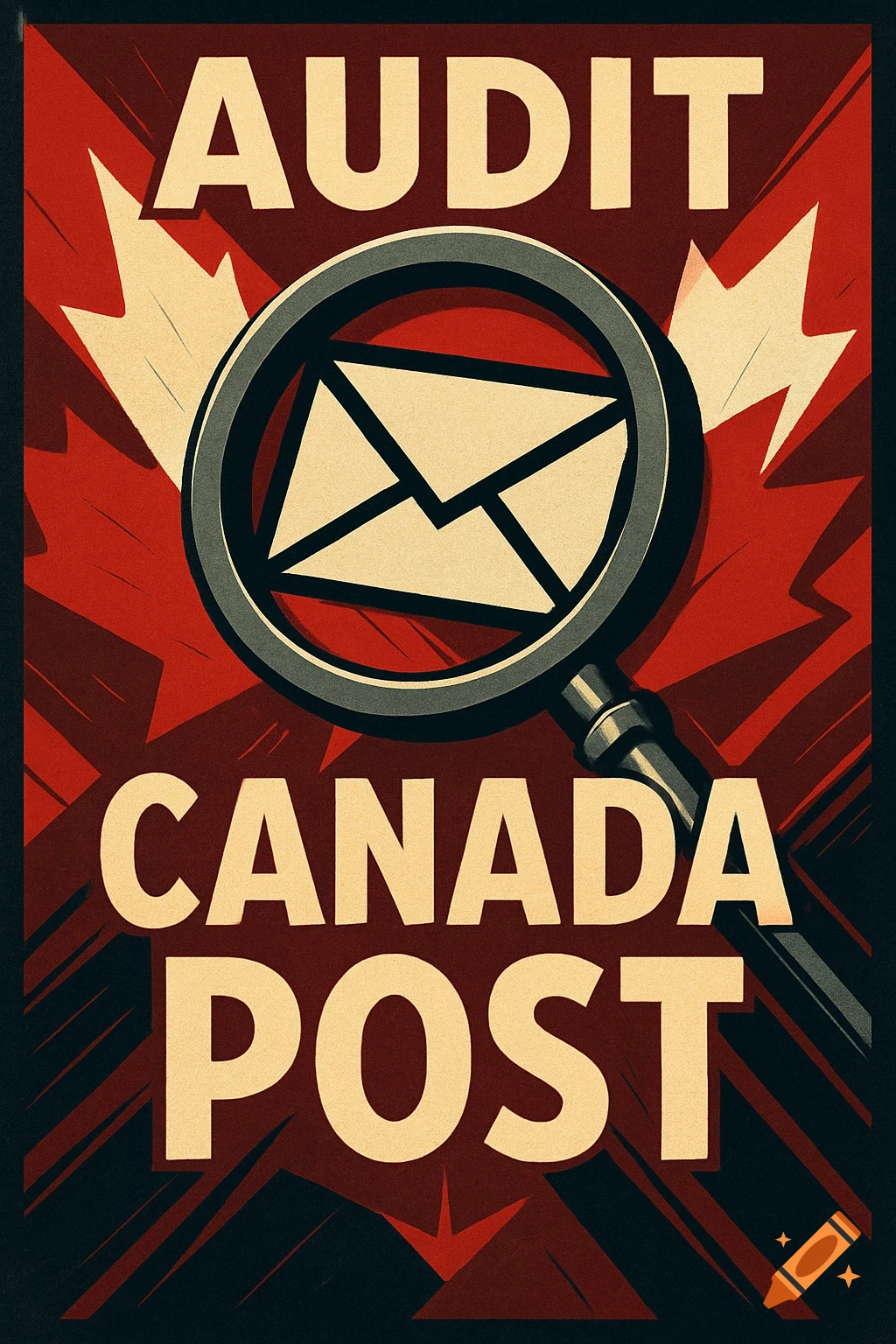 Bold propaganda poster for 'Audit Canada Post' with a magnifying glass over an envelope on a red and black background.