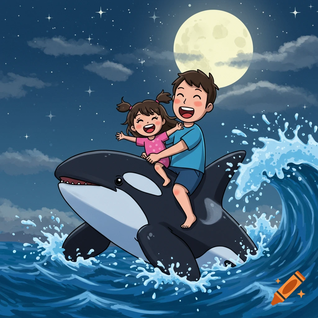 Cartoon of a happy dad and daughter riding a killer whale through blue ocean waves under a bright full moon at night.
