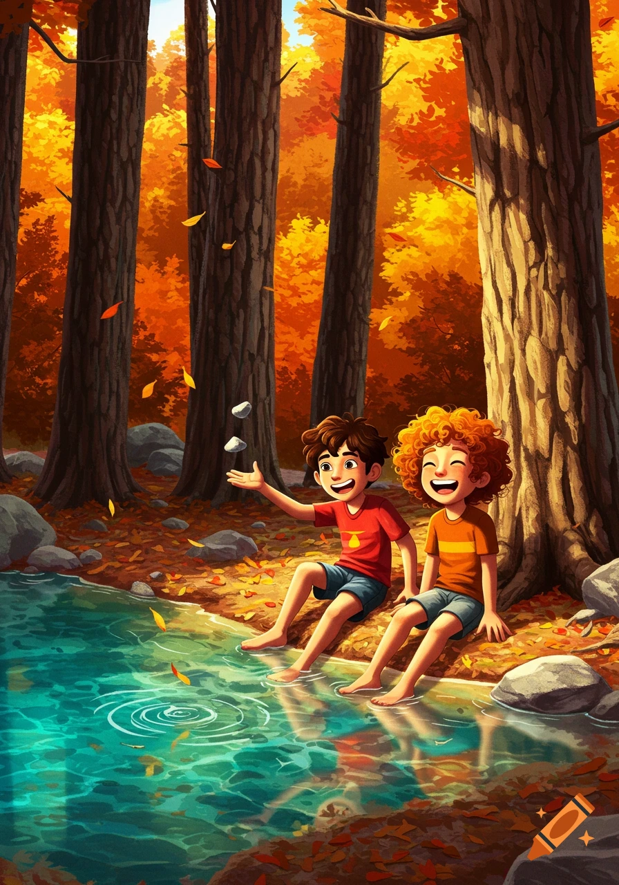 Two smiling illustrated boys sit by a stream, one tossing rocks, in a vibrant autumn forest.
