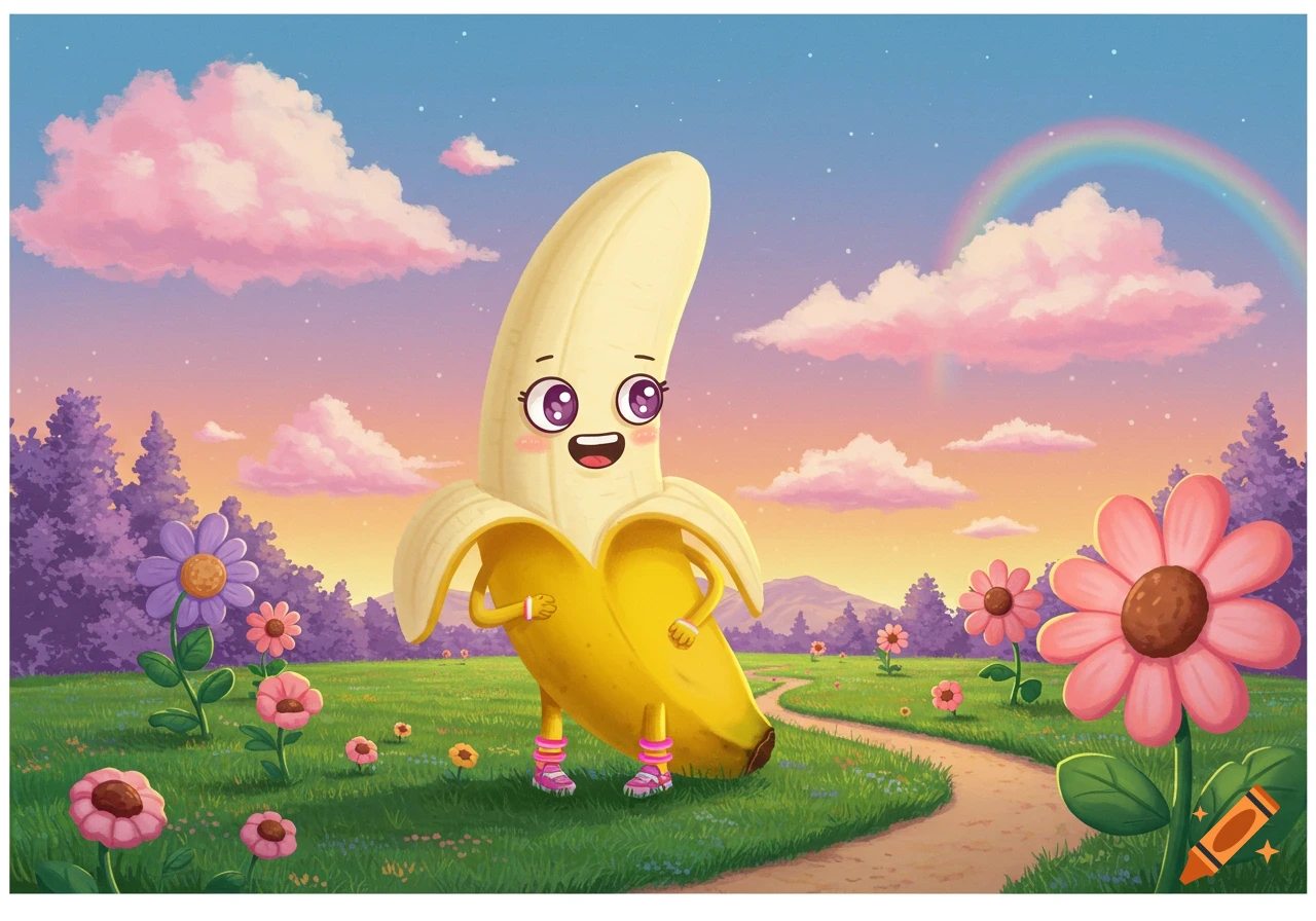 A cheerful, peeled banana character with a face and pink roller skates stands in a vibrant meadow with pink flowers, purple trees, and a rainbow under a sunset sky.