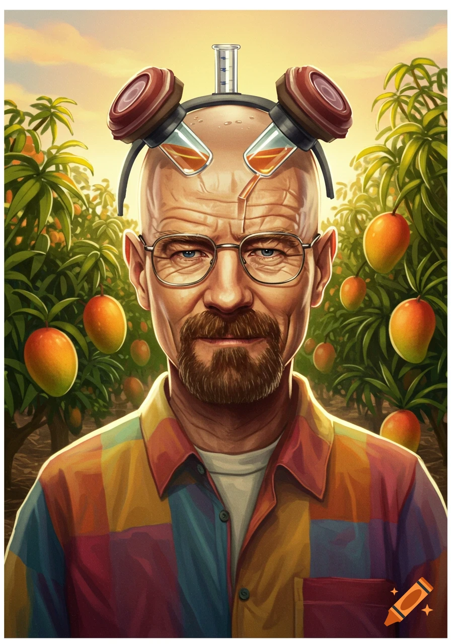 Stylized portrait of a bald man resembling Walter White, with a unique scientific headpiece, in a vibrant mango orchard.