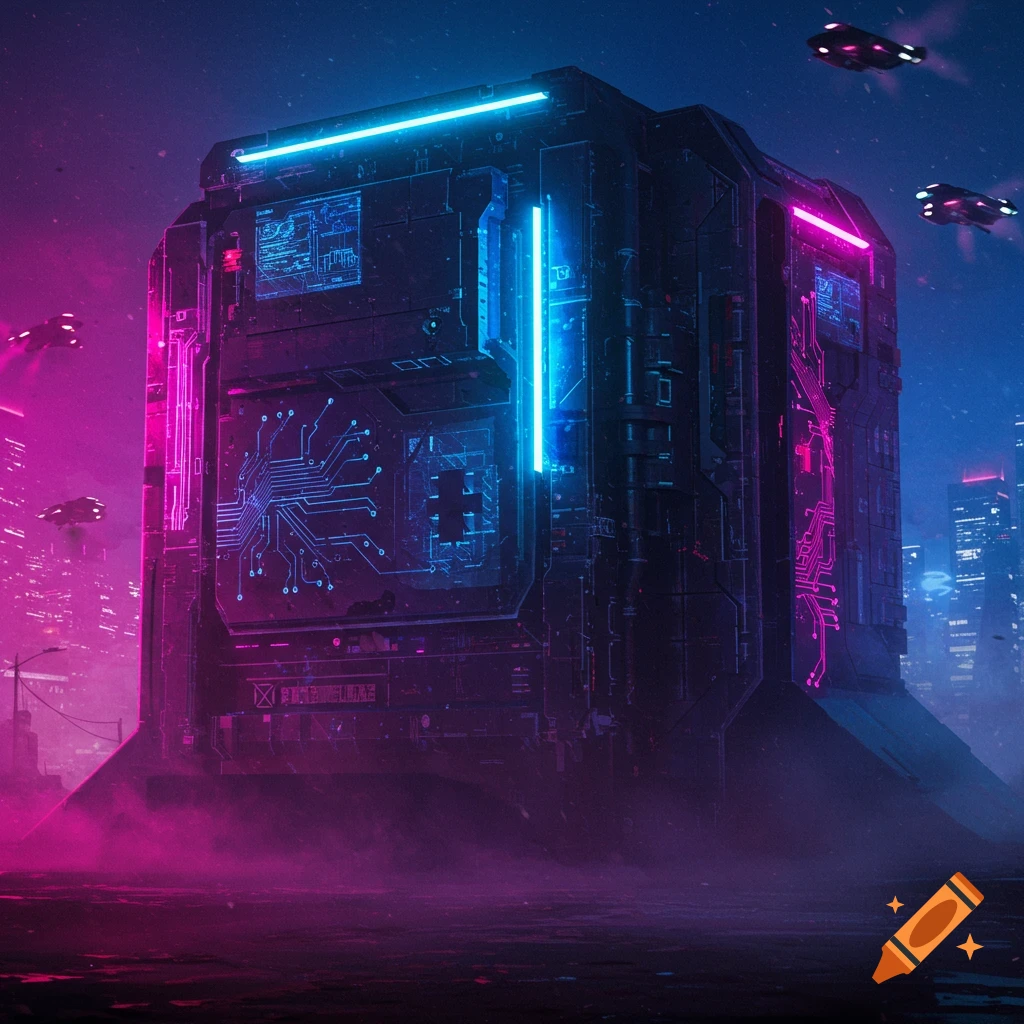A dark, metal cyberpunk bunker glows with neon blue and pink lights, circuit patterns on its surface, under a night sky with flying vehicles.