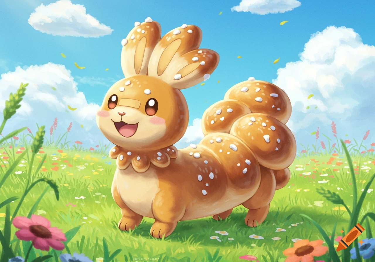 A cute, bread-like Dachsbun Pokemon stands in a vibrant green field with colorful flowers under a blue sky.