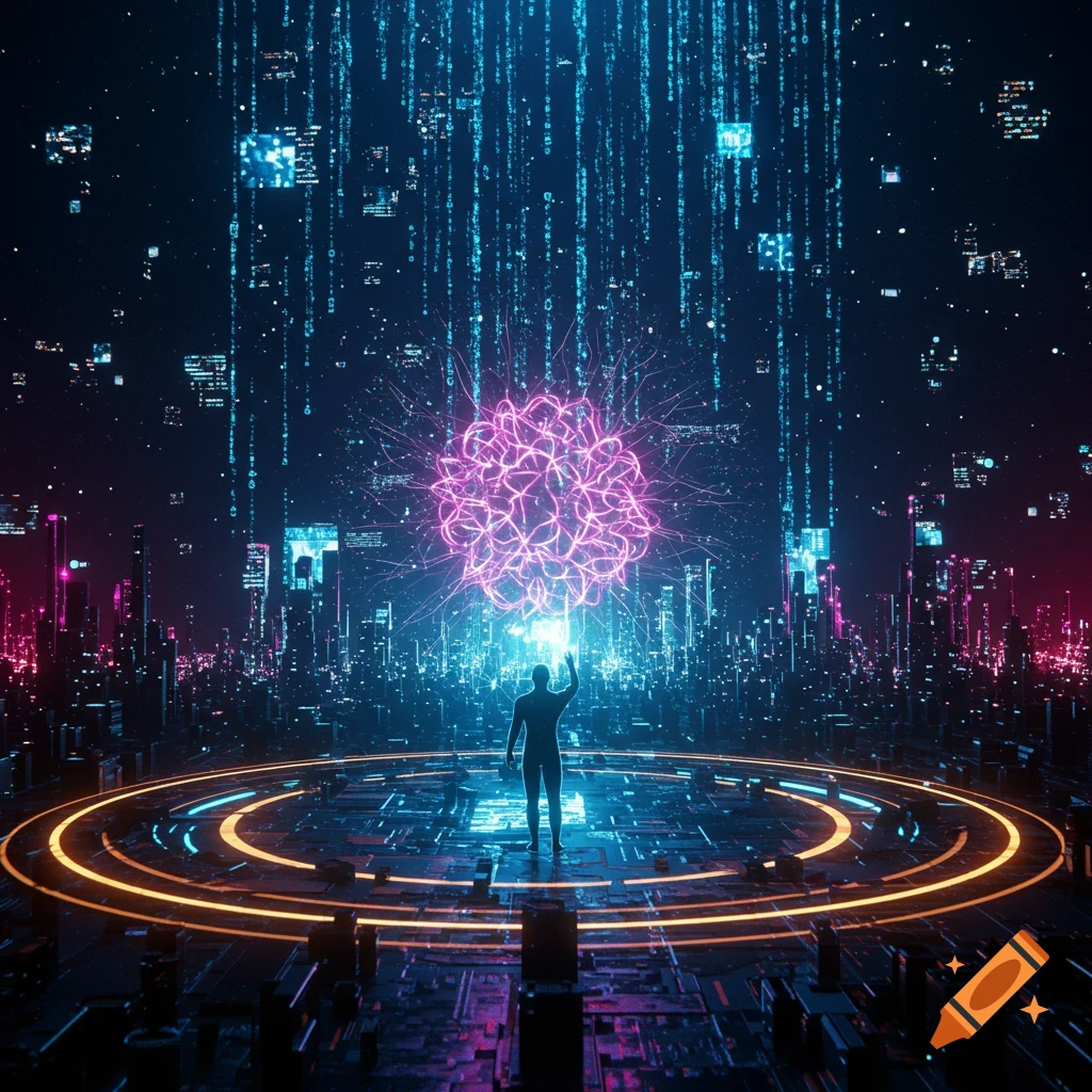 A glowing human silhouette stands in a futuristic city with holographic lights, reaching towards a radiant sphere of neural patterns, surrounded by AI data streams.