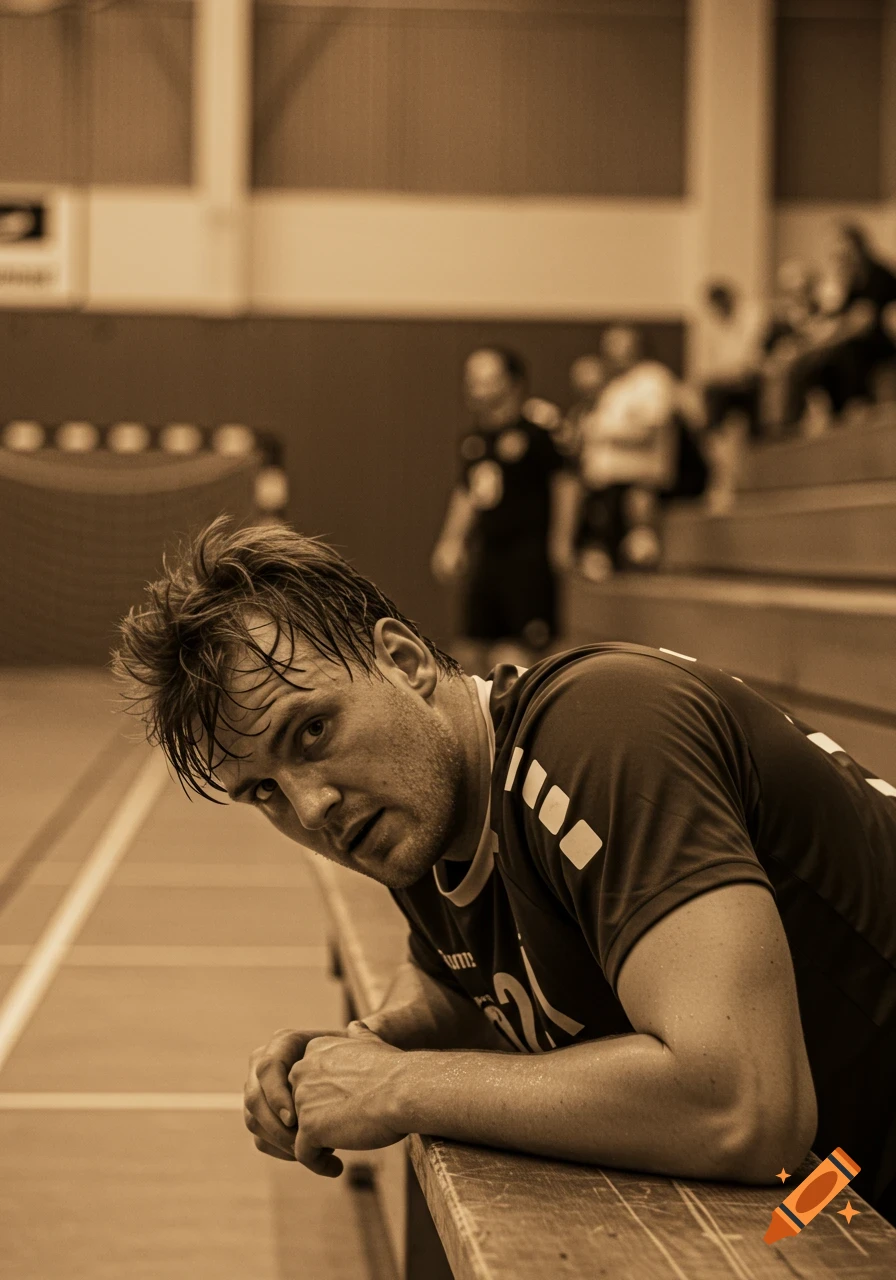 Sepia portrait of a sweaty male handball player resting on a bench after a game.
