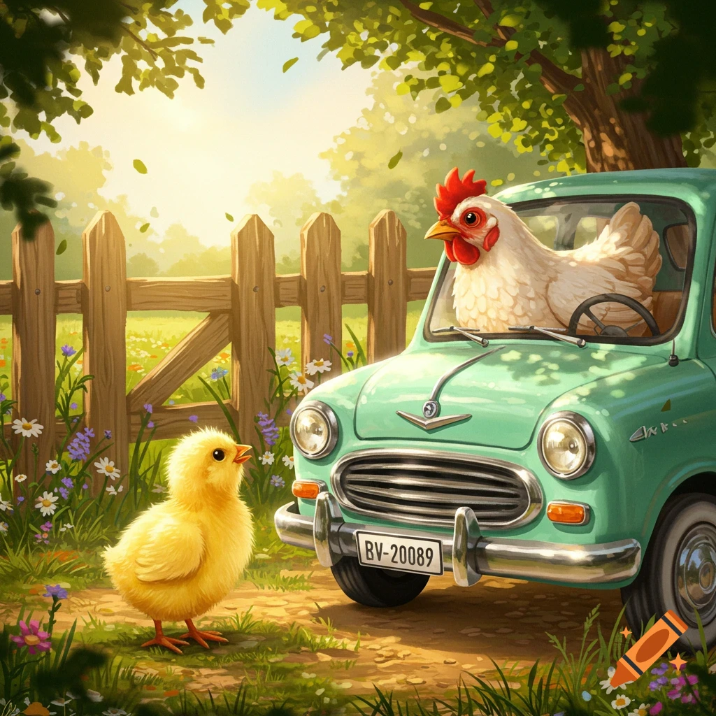 A whimsical illustration of a white chicken driving a green vintage car, looking at a yellow chick on a dirt path.