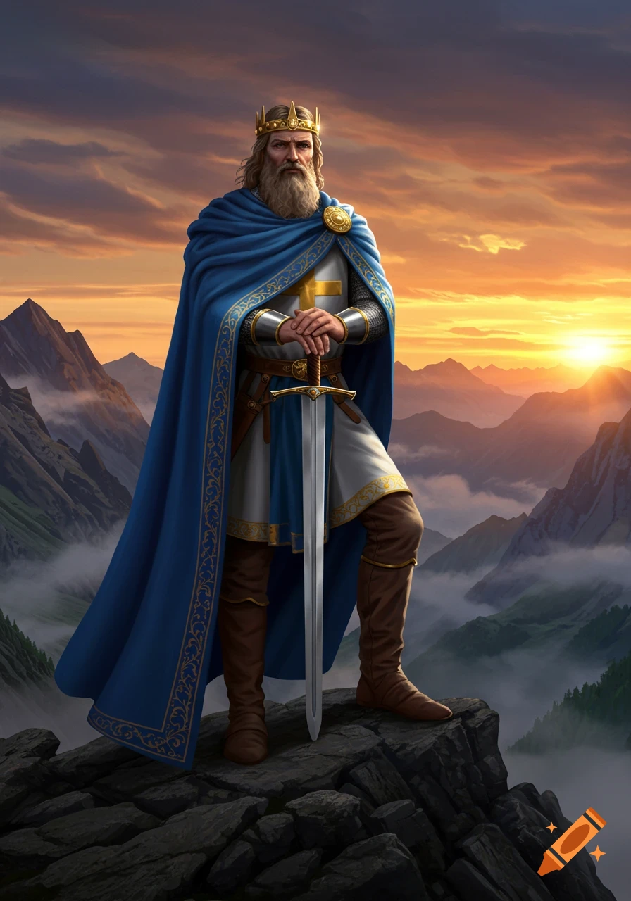 A majestic bearded king in a crown and blue cape, holding a sword, stands on a mountain peak at sunset.