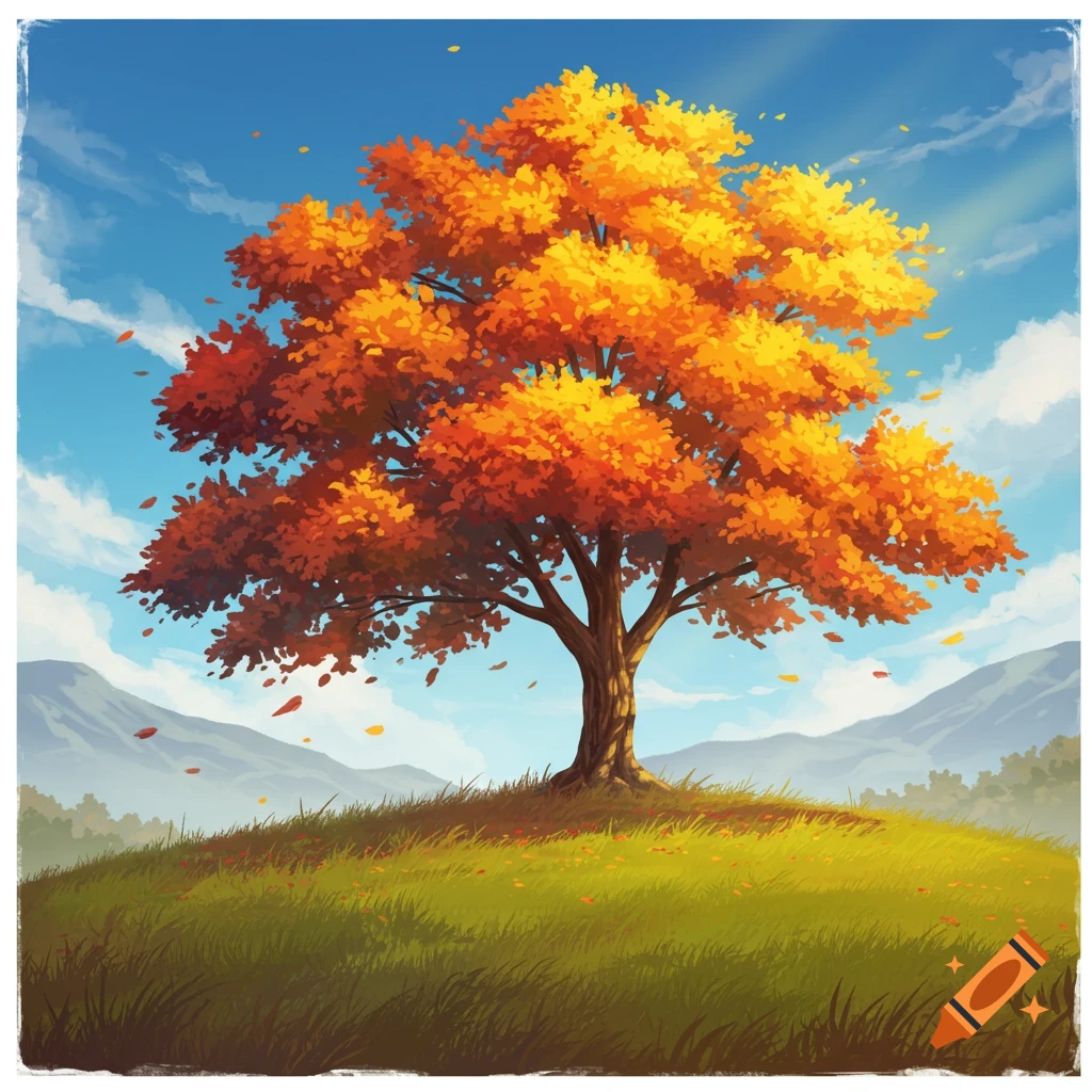 A vibrant illustration of a large autumn tree with orange and yellow leaves on a grassy hill, under a blue sky with clouds, mountains in the background.