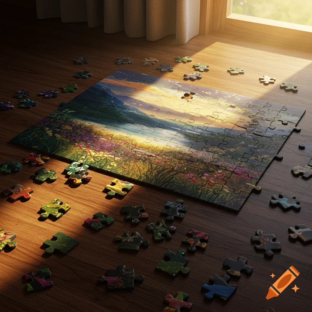 A partially completed jigsaw puzzle featuring a vibrant landscape with a lake and flowers, scattered on a sunlit wooden floor by a window.