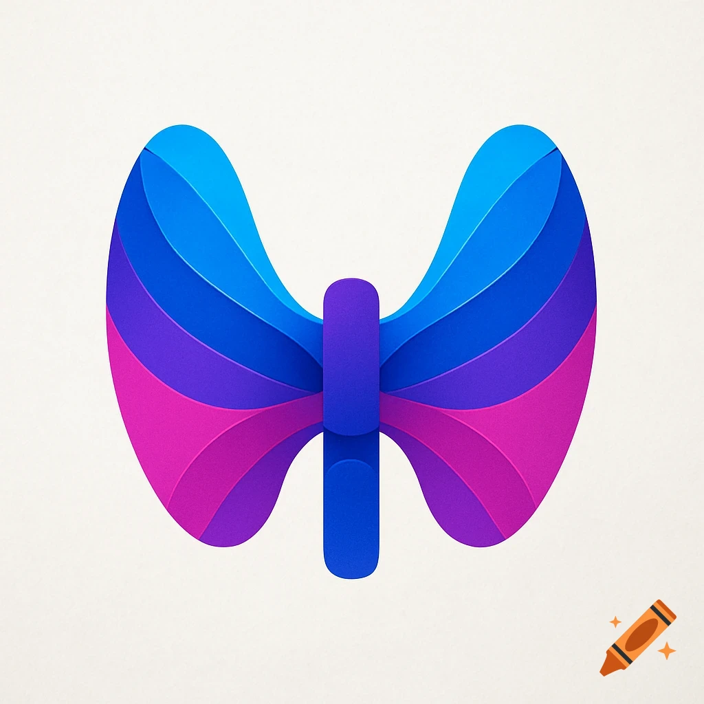 A stylized logo featuring layered blue, purple, and magenta curved shapes on a light background.