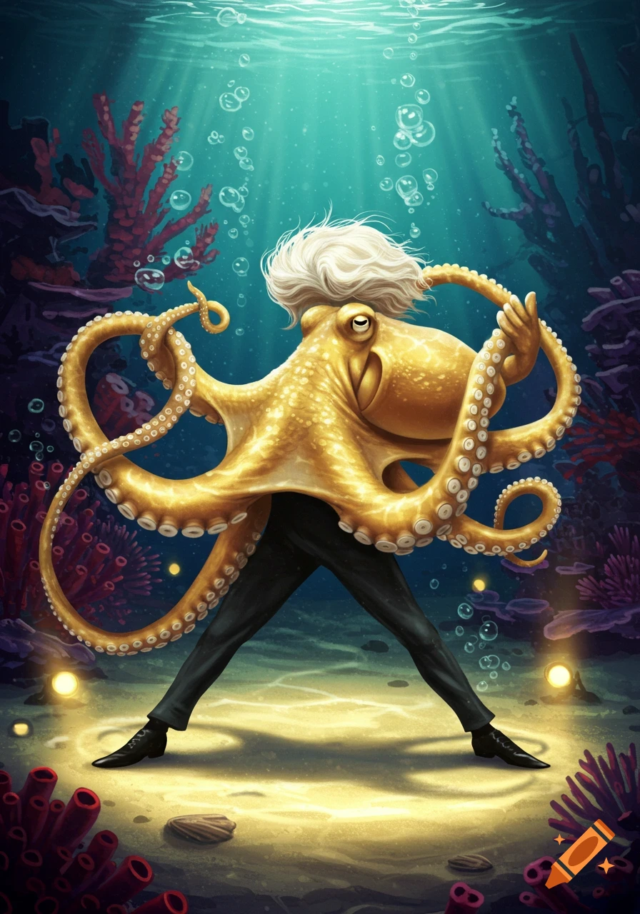 A whimsical illustration of a blonde, golden octopus with human legs in black pants and shoes, tango dancing underwater amidst coral and bubbles.